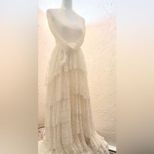 Antique ivory chantilly Lace tiered Wedding gown
